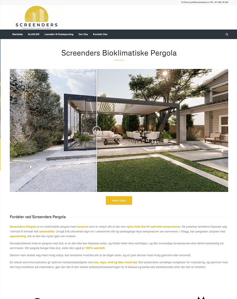 En kundereferanse som viser en webside med bilde av en slider, hvor man kan visualisere produktene i ulike tilstander (stengt/åpent glass, på/av lys, med/uten snø...)